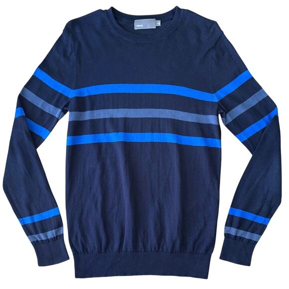Vince Men’s Crewneck Horizontal Stripe Organic Cotton Sweater Blue Size Small - Picture 1 of 8